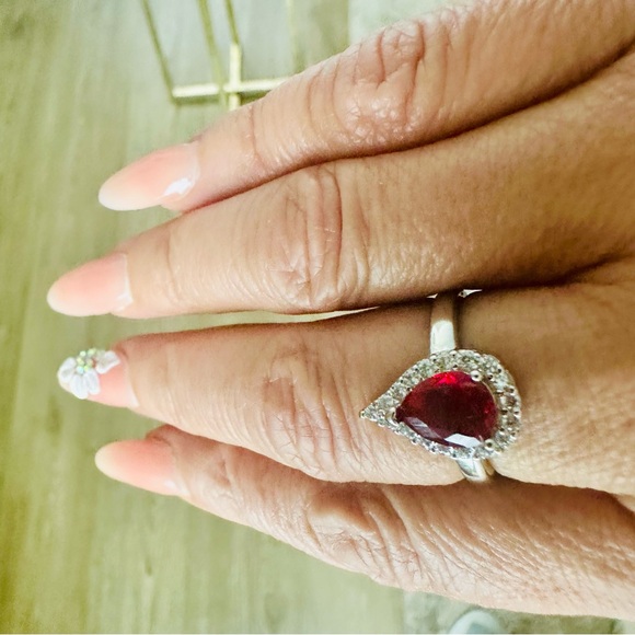 Sterling Silver 925 Set Red Teardrop Ring Earrings Necklace Zircons Solid - Picture 5 of 14